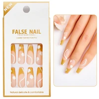 24pcsset detachable long ballet false nails 5d embossed flower coffin false nail full cover fake nail tips with jelly glue file