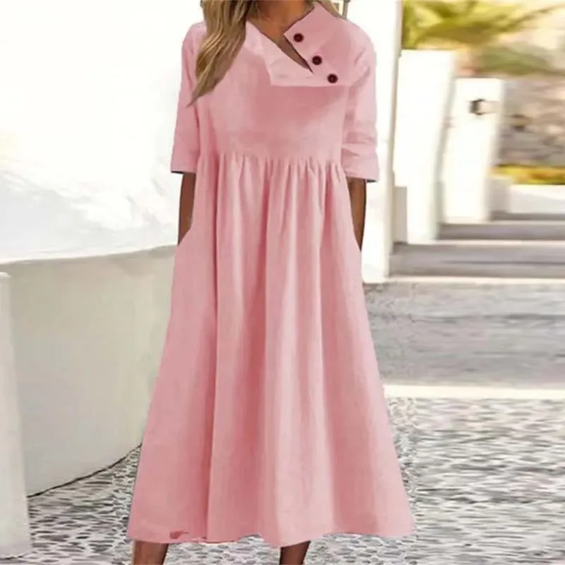 

Chic Fashion Skew Collar Button Party Dress Women 2023 Spring Casual Solid Pockets A-Line Dress Summer Short Sleeve Office Dress