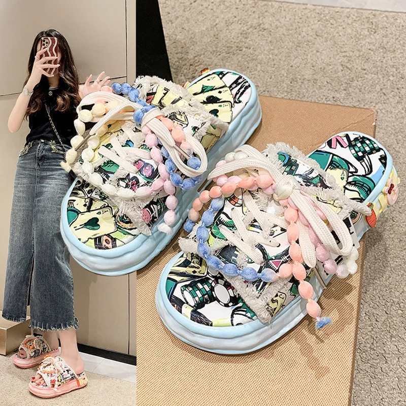 

FAFA Sandals Women's External 2023 Summer New Fashionable And Versatile Senior Colorful Canvas Thick Bottom One Word Slippers