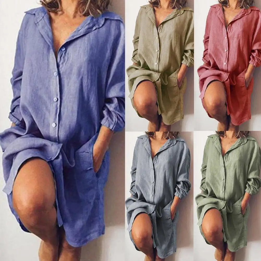 

Stylish Women Shirt Mid-Length Lapel Comfortable V-Neck Simple Casual Shirt