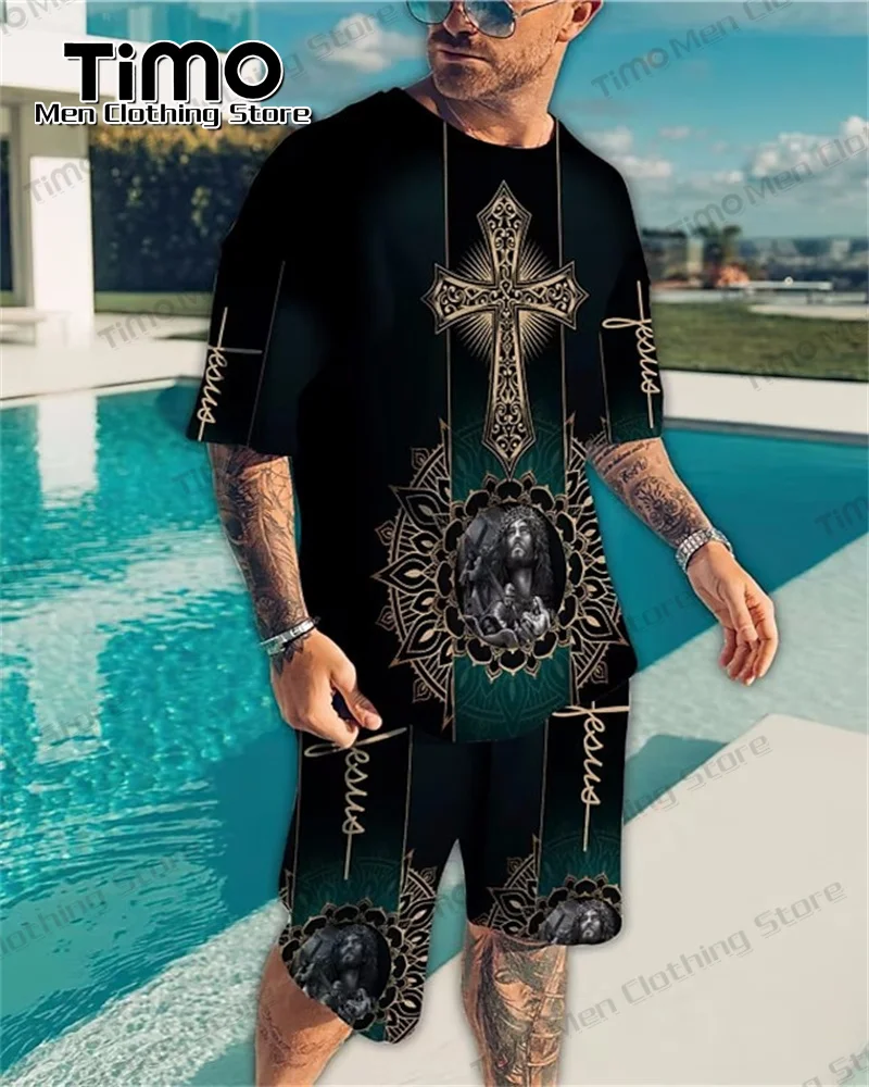 Summer Men's T-shirt Set Fashion 3D Printing 2 Piece Set Casual T-shirt+Shorts Oversized Loose High Quality Men Tracksuit Suit