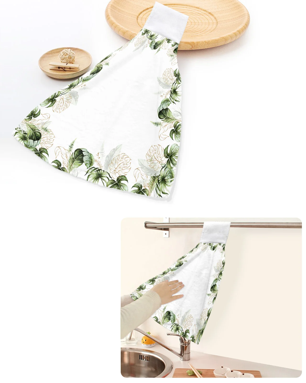 

Watercolor Palm Green Leaves Green Plant Hand Towels Home Kitchen Bathroom Hanging Dishcloths Loops Absorbent Custom Wipe Towel
