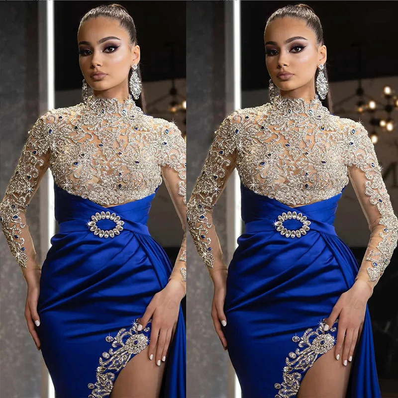 2022 Autumn New Elegant Party Dresses Women Blue Gold-Sprinkled Split Stitching Half-turtleneck Evening Dress Sequin Dress