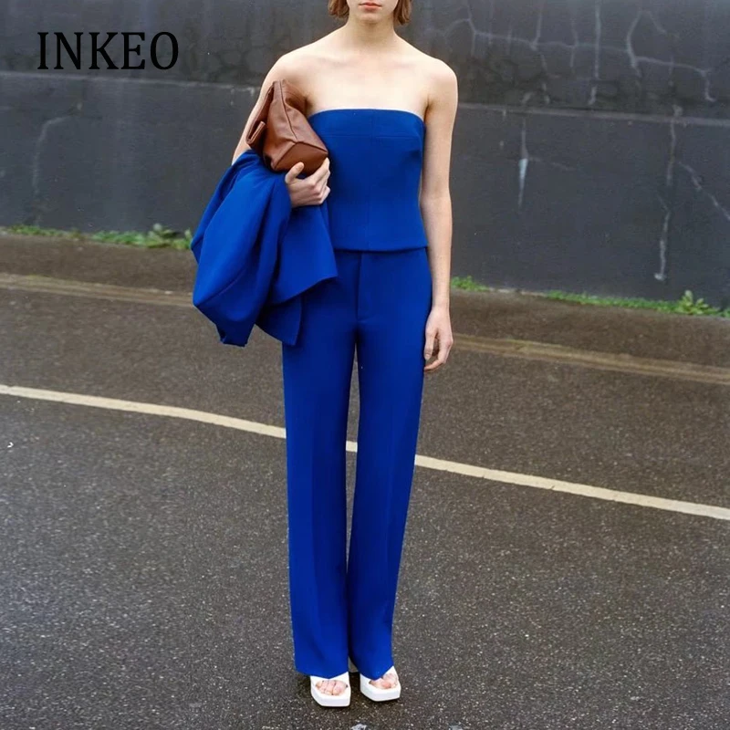 

Women 3 piece set Blazer corset top Pants Blue 2022 Fall Winter Office lady trouser suits Elegant Loose fashion New INKEO 2O027