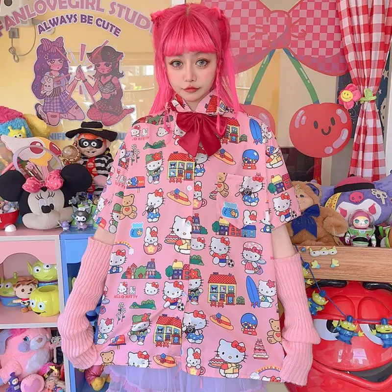 

New Hello Kitty T-Shirt Shirt Cartoon Anime Japanese Harajuku Kawaii Short-Sleeved Loose Cartoon Cat Pink Sweet Girl Pink Shirt