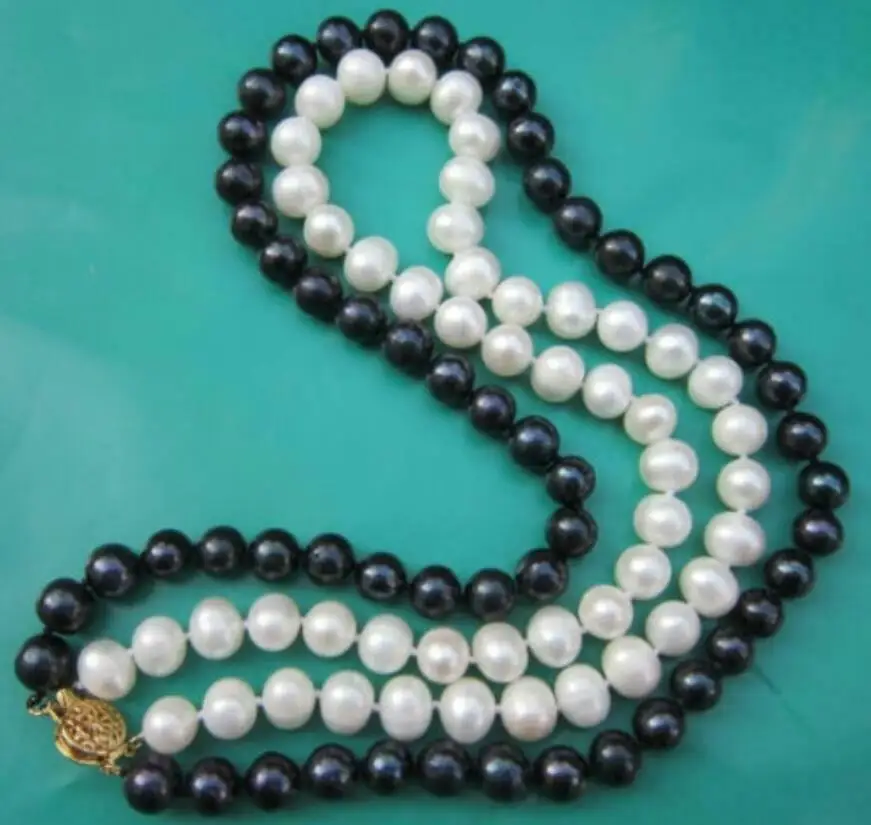 

2 Rows 7-8mm BLACK WHITE Akoya PEARL NECKLACE 17-18"