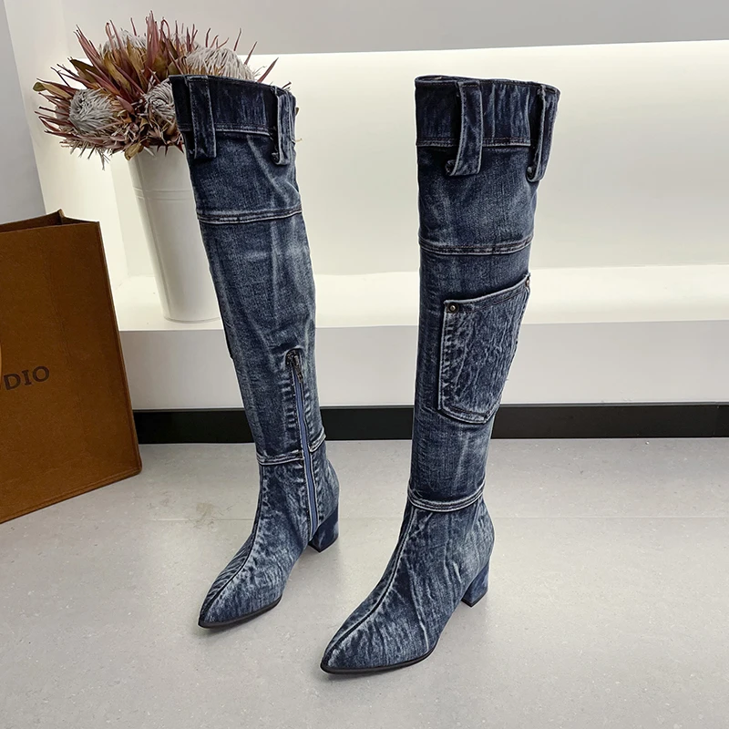 

2022 Sexy Jean Boots Women's Knee-High Boot Zipper 6CM High Heel Woman Stylish Jeans Boots Ladies Denim Boot Female Shoes Cowboy
