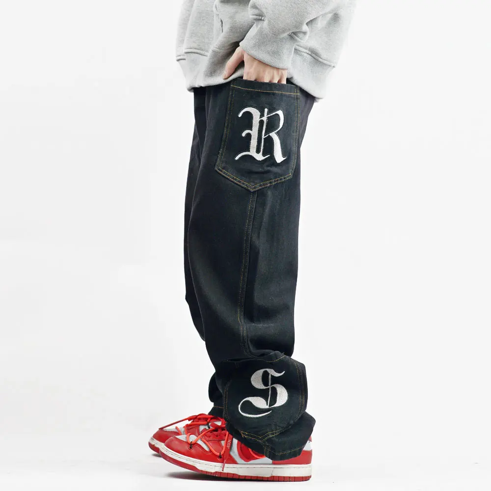 Sanskrit embroidered letters multi-pocket washed jeans men's street INS tide brand loose straight trousers wide-leg pants