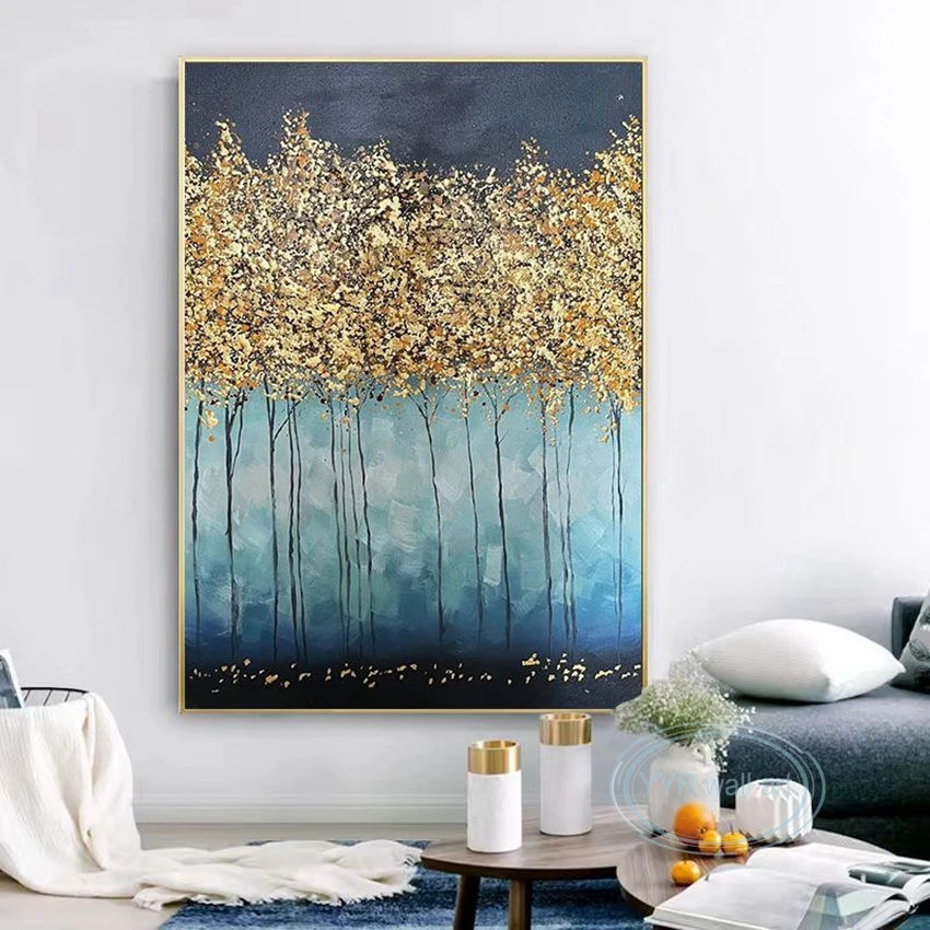 

Абстрактная картина маслом ручной работы для гостиной, дивана, спальни, Настенный декор, рисование американских золотых листьев, деревьев удачи, крыльца, подвесная роспись