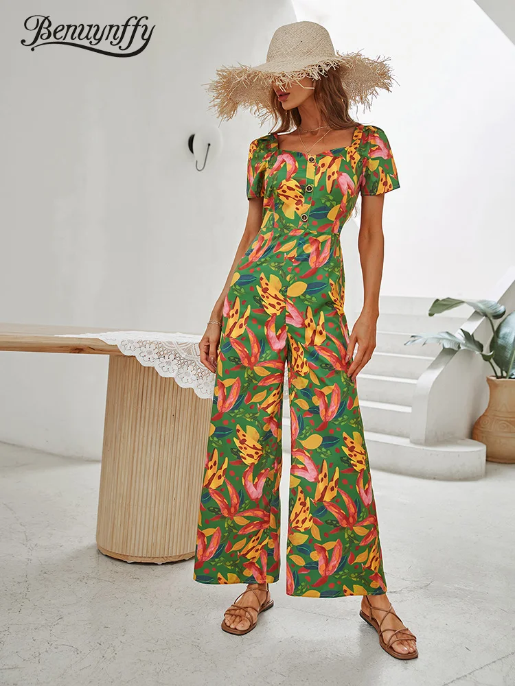 

Benuynffy Sweetheart Neck Button Front Print Jumpsuit Women Vacation Casual Summer High Waist Short Sleeve Wide Leg Jumpsuits