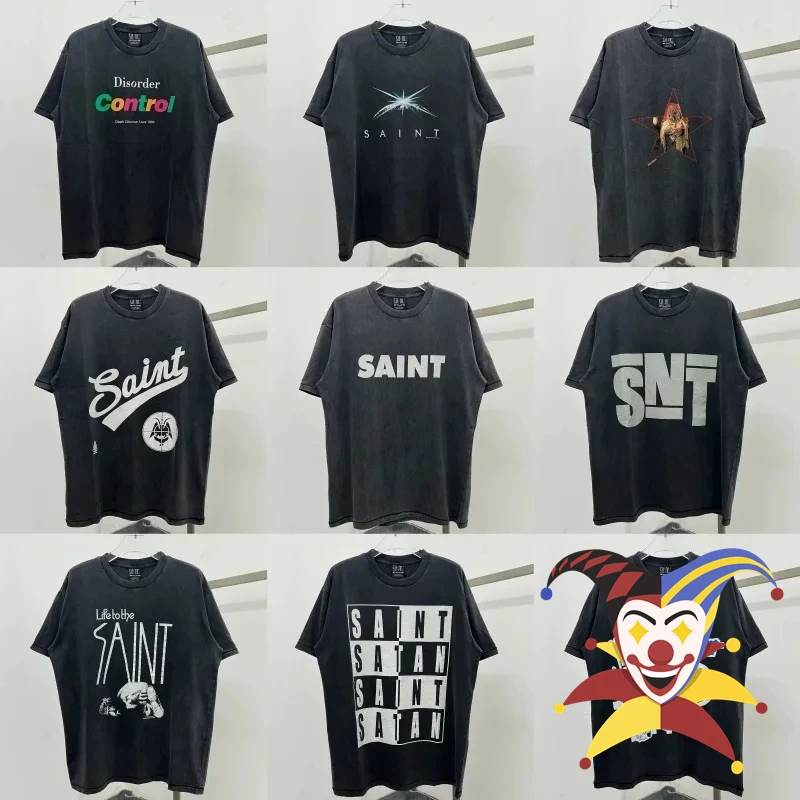 Винтажная Футболка Saint мужская и женская уличная одежда оверсайз с потертостями
