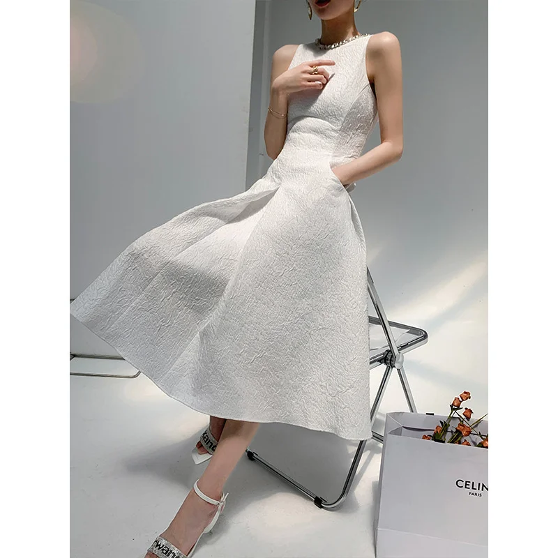 

Woman Midi Dress Diamonds Round Collar Sleeveless Empire Waist Ball Gown Dresses Vintage Style 2023 New Summer 15XM108