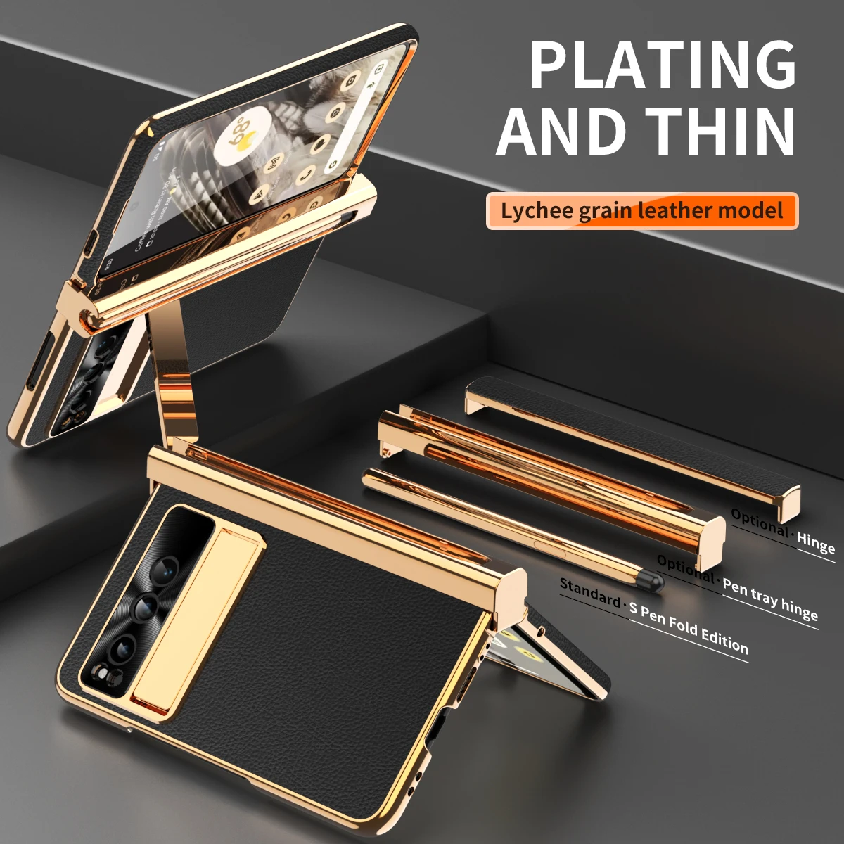 

Leather Hidden Pen Slot Hinge Case For Google Pixel Fold Cover Plating With Capacitance Pen Hard Front Glass Case