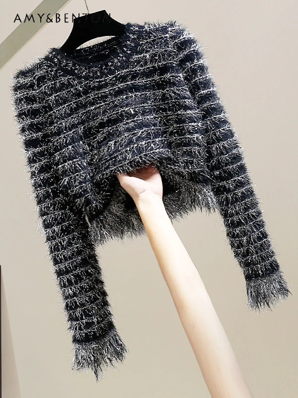 Модный яркий шелковый блестящий морской конек пушистый короткий свитер с