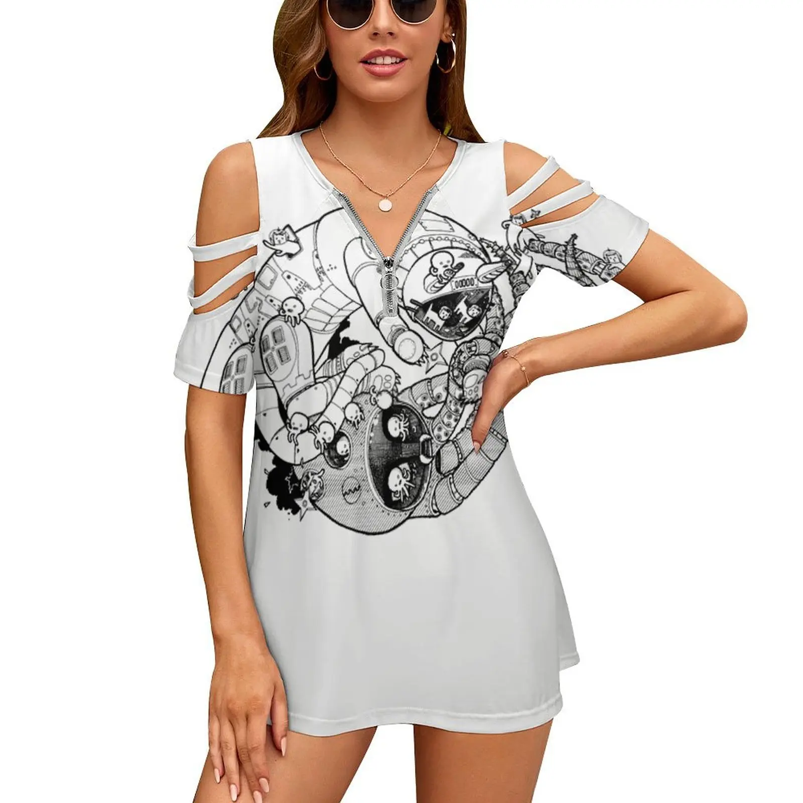 Борьба робо Инь-Ян! Женская футболка с коротким рукавом круглым вырезом и принтом