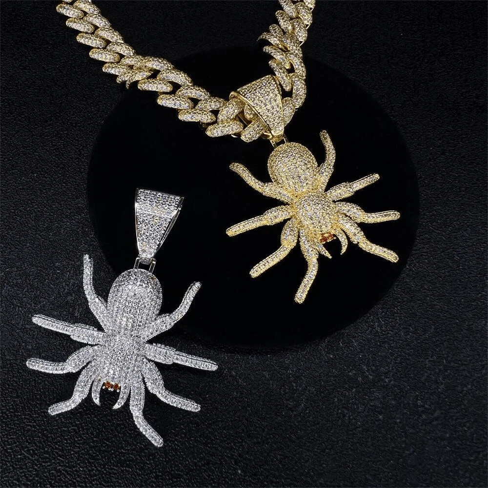 

2022 New Men's Ladies Hip Hop Iced Out Bling Spider Pendant Necklace Cuban Chain HipHop Fashion Glamour Jewelry