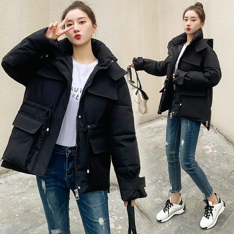Women Winter Thick Padded Jacket Bread Coat Warm Cotton Quilted Jacket Lady Short Korean Style Drawstring Loose Hooded Parkas