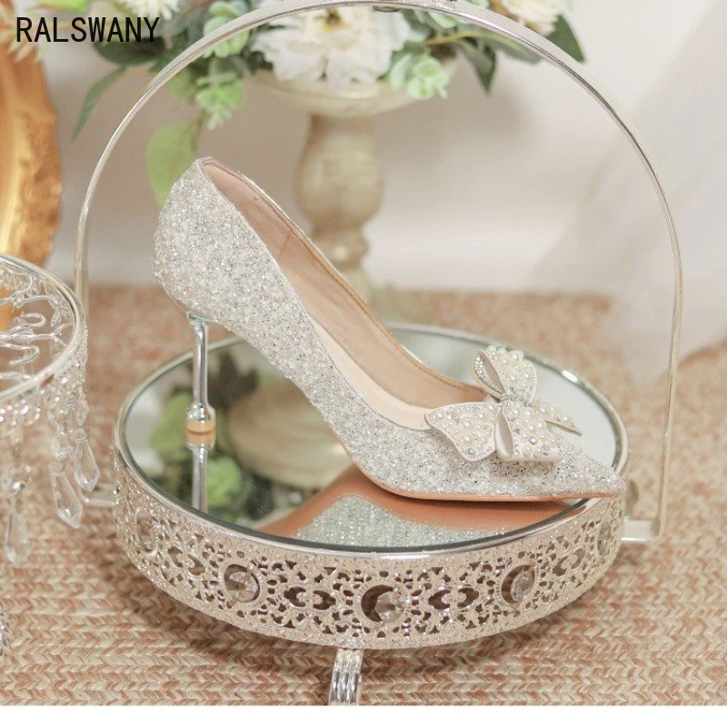 Stylish Wedding Banquet High Heels Women's Shoes Luxury Zapatos De Mujer Thin Heel Bow Full of Diamonds Mary Jane Shoes