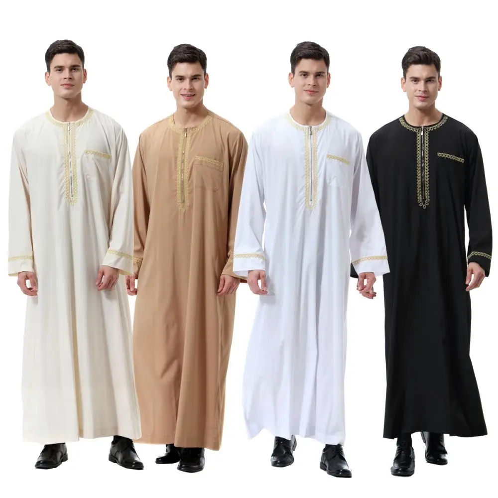 Middle East Arabian Islamic National Robe Men's Muslim Round Neck Long-sleeved Loose Mid-length T-shirt Dubai Prayer Clothing