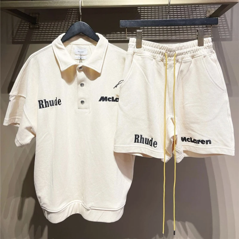 

2022 Sumer Rhude X Mclaren Letter Logo Embroidered Lapel Pullover TShirt 1:1 Men's and Women's Short Sleeve S-XL Men Shorts Suit