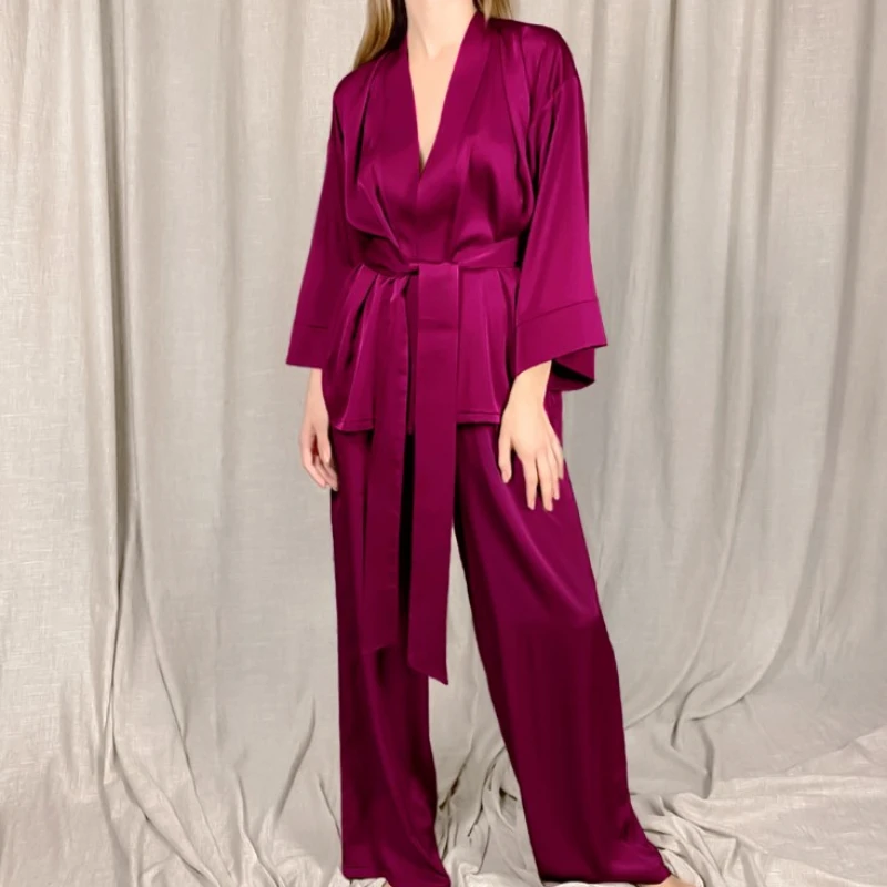 Landuxiu Women Solid Robes With Sashes 2 Piece Set Tops Satin Pants Loose Pajamas Casual Sleepwear Female Home Suits