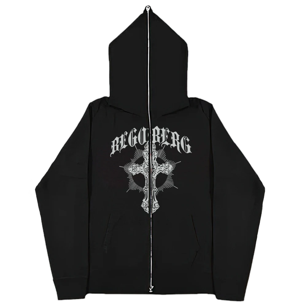 Y2K Zip Up Jackets Gothic Cross Print Hoodie Women Streetwear Zipper Long Sleeve Sweatshirts Harajuku Casual Coats Men Cool Tops - купить по