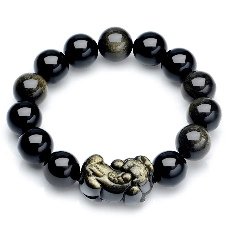 

Natural Gold Obsidian Wealth Pixiu Elastic Bracelet Men Women Pulsera Feng Shui Hand-carved Brave Troops Lucky Amulet Bracelets