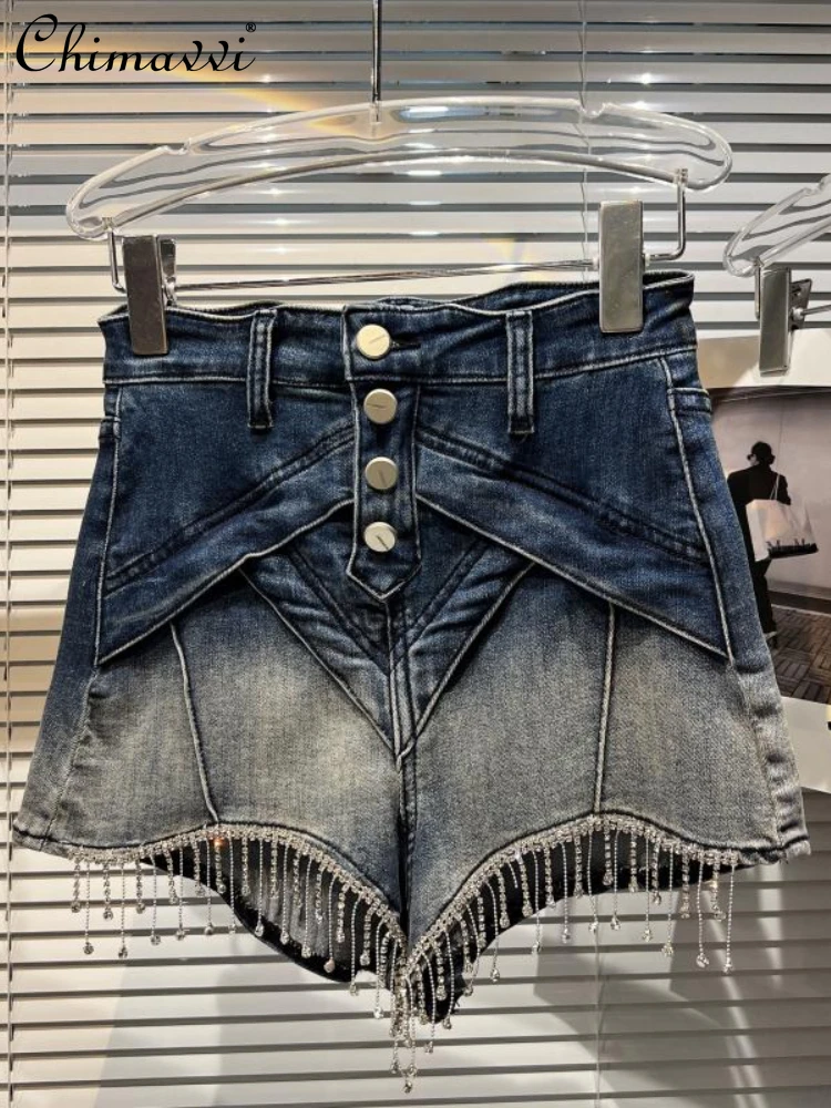 

Fashion Diamond Beaded Tassel Gradient Denim Shorts Ladies 2022 Summer New Button Slimming Versatile Casual Shorts for Women
