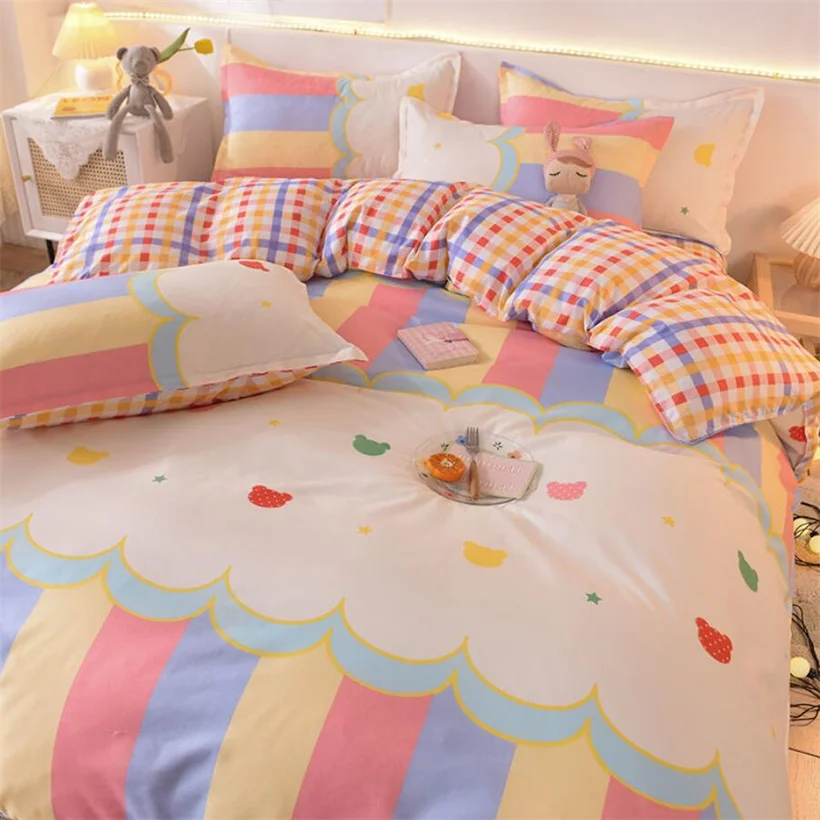 

Colorful Rainbow Bedding Set with Duvet Cover Bedsheet Pillowcase Fashion AB Version Pattern Quilt Bed Linen All Season