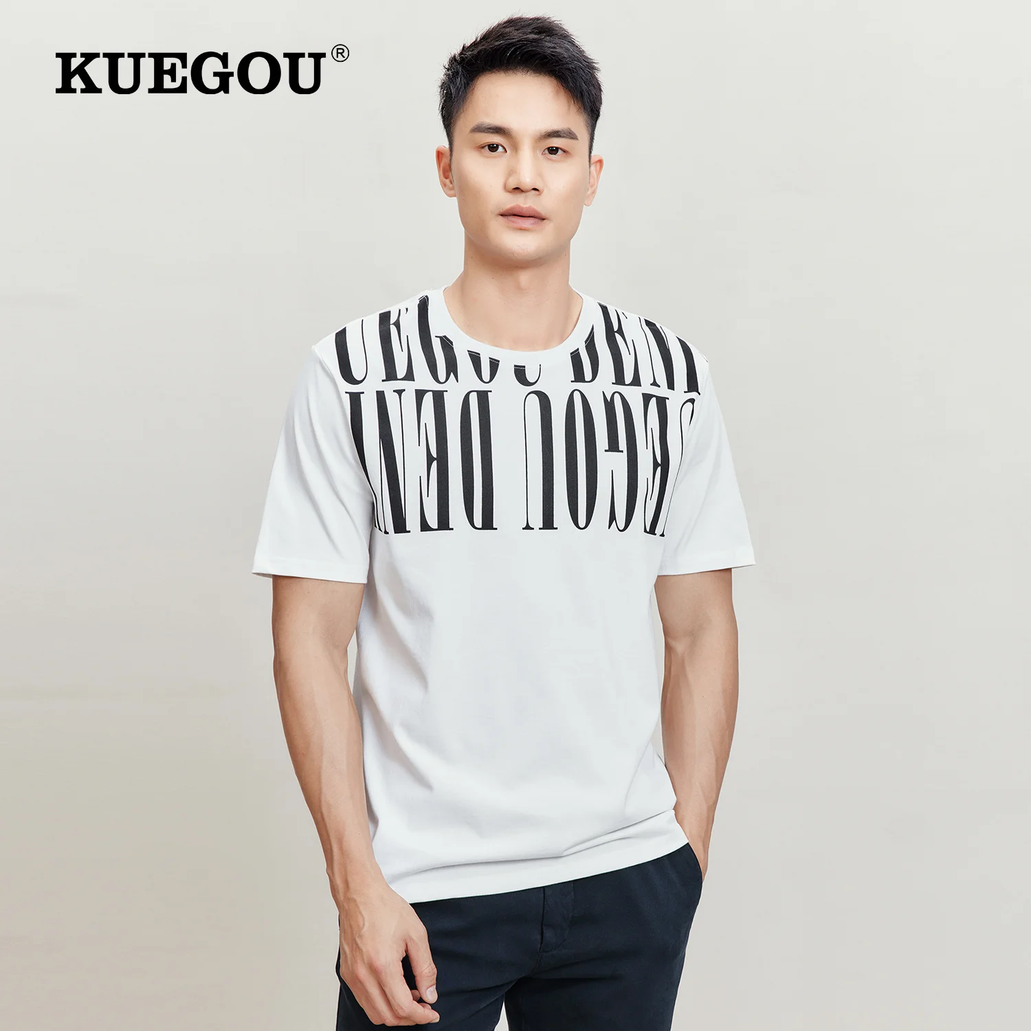 

KUEGOU 100 Cotton Graphic T-Shirt For Mens Vintage Tee Shirt With Short Sleeves Top Male Korean Summer Oversized Tshirt 55043