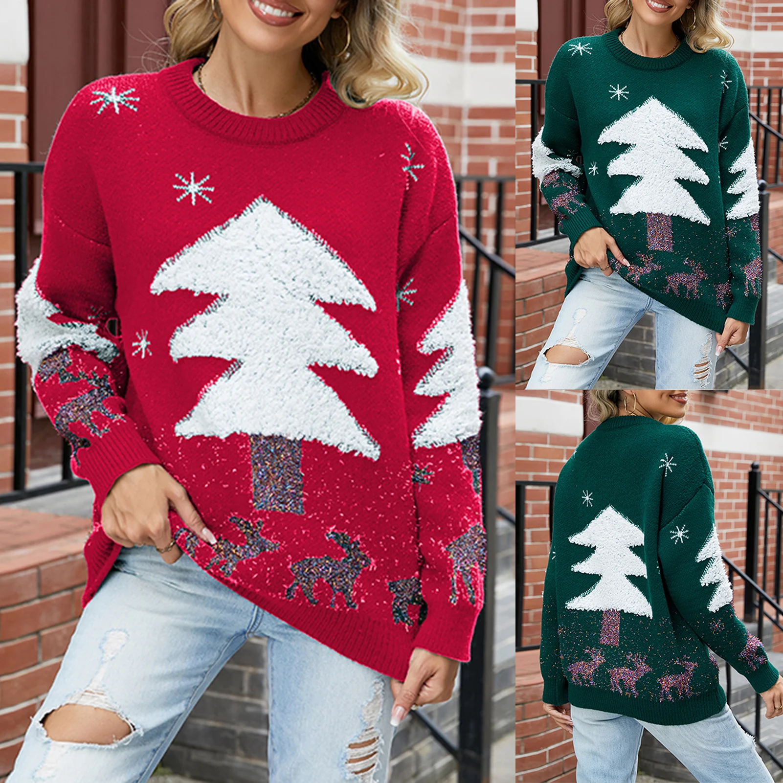 

Рождественский женский свитер, праздничный свитер, вязаный Топ с рисунком рождественской елки, джемперы, теплые плотные повседневные трикотажные изделия с круглым вырезом, Рождественский образ
