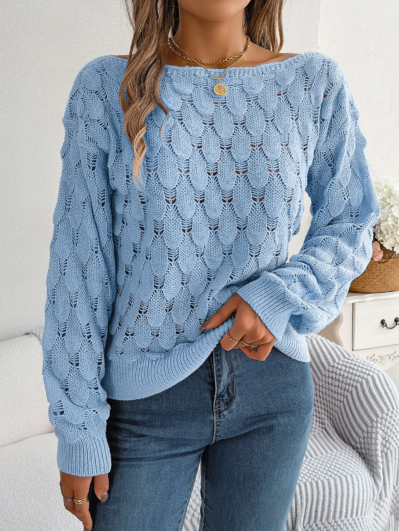 

2023 Autumn and Winter Hollow Casual Oblique Neck Knitted Sweater Solid Off Shoulder Pullover Women's Lantern Sleeve Pullover