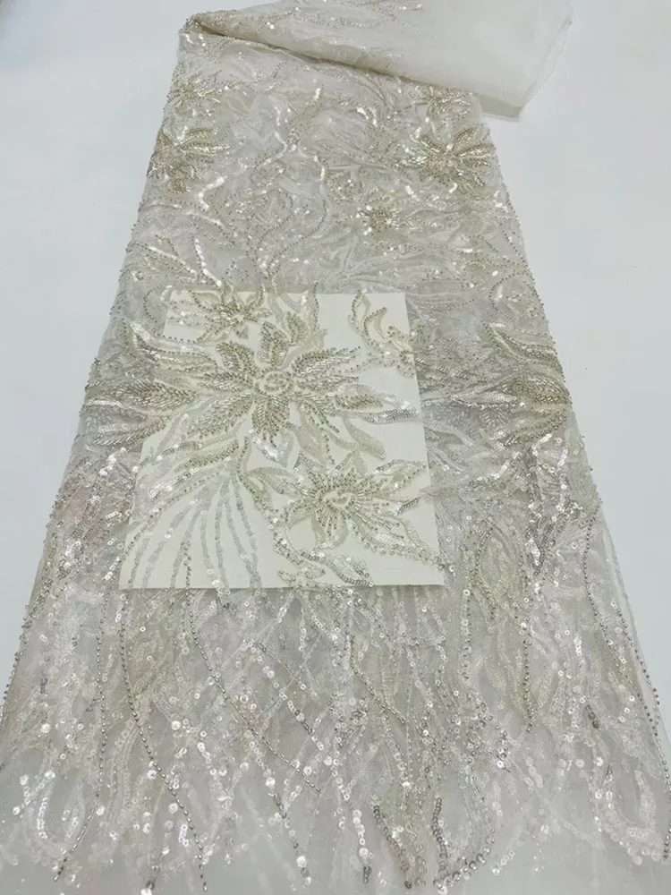 

White Sequin Fabric For Evening Dress Lace Material Hot Glued Glitter Tissus Tube Beads Lace Fabric Mesh Sequin Fabric 5 Yards