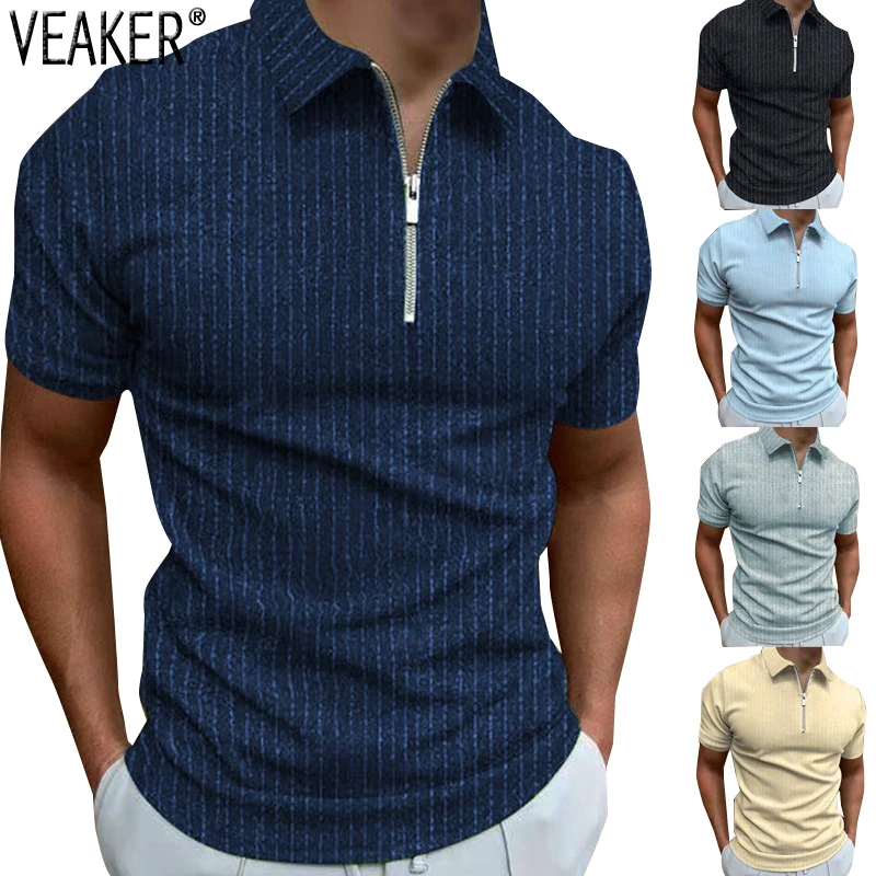 

2022 New Men's Summer Sexy Zipper Shirt Tops Male Slim Fit Short Sleeve Striped Shirts S-3XL