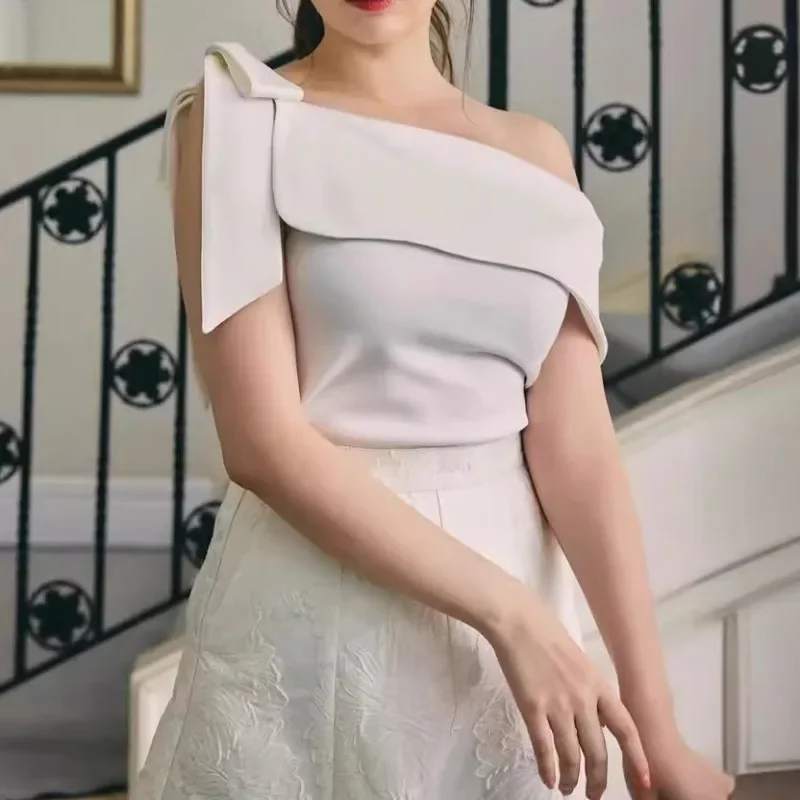 Женская рубашка с открытыми плечами необычная блузка бантом и