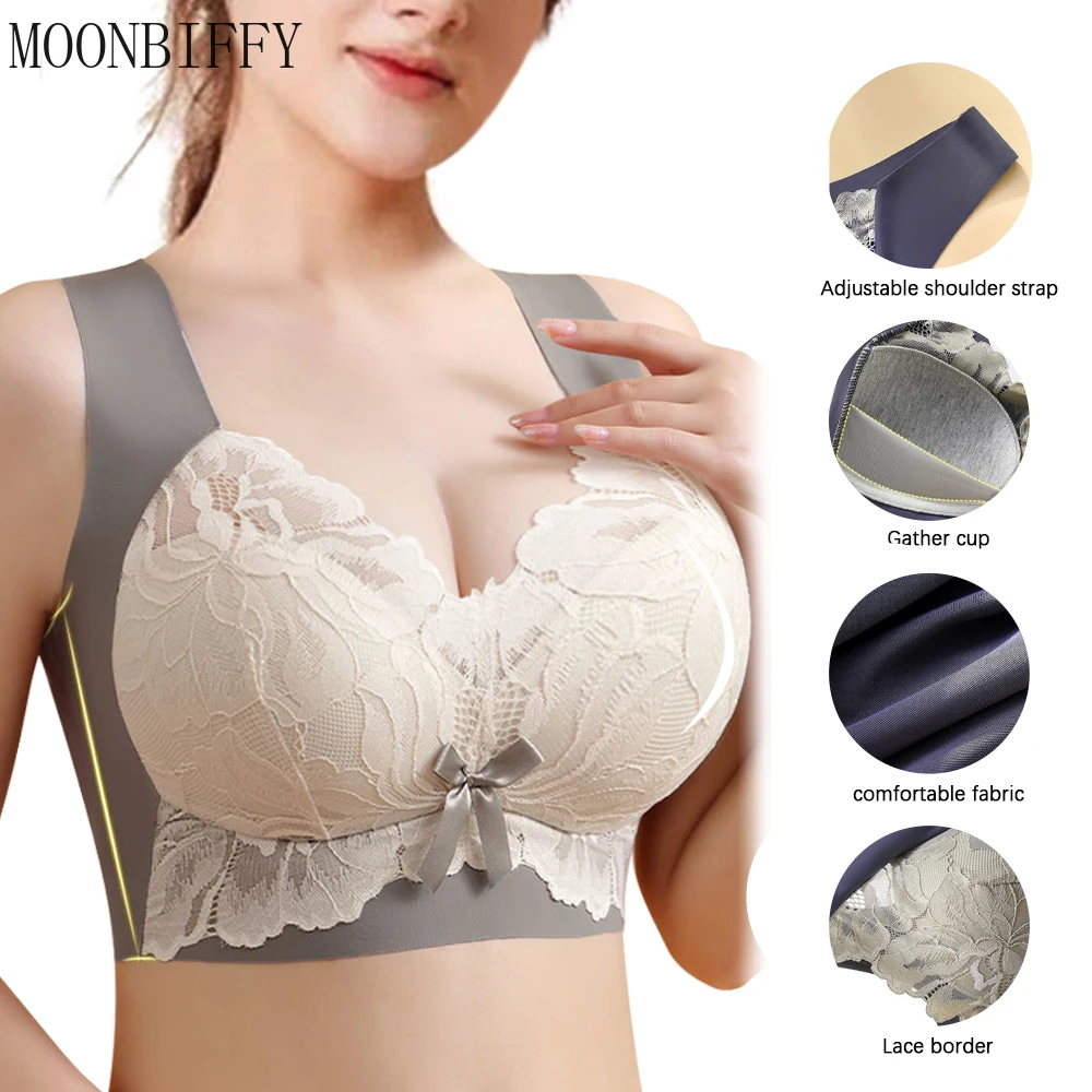 

Seamless Bra Minimizer Floral Lace Thin Section Fat Girl Vest Type Anti-sagging Female Bras No Steel Ring Large Size Underwear