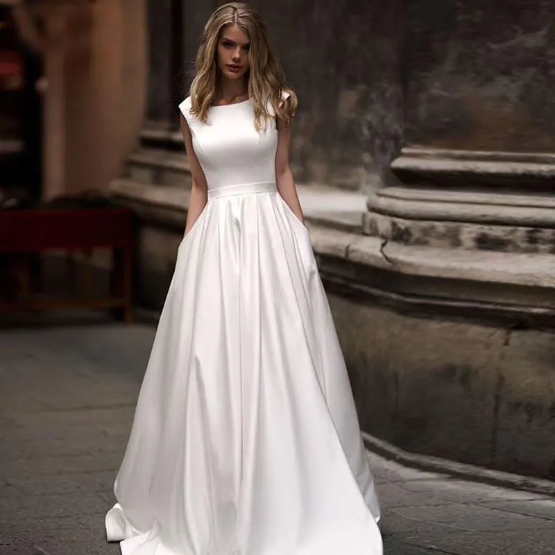 

Simple Satin A Line Wedding Dresses Sleeveless Backless Custom Made Bridal Gowns With Pockets Sweep Train Vestidos De Mujer