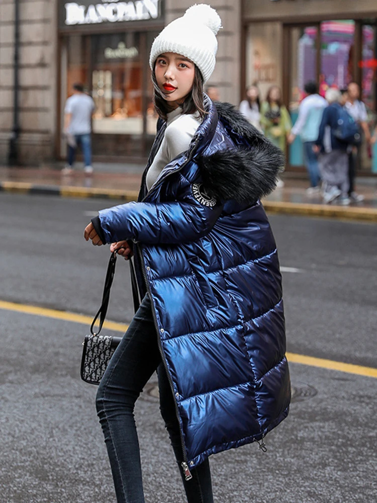 Glossy Down Jackets For Women Winter Clothes Warm Long Parkas Coat Thick Cotton Coat Big Fur Collar Warm Loose Hooded Outwear