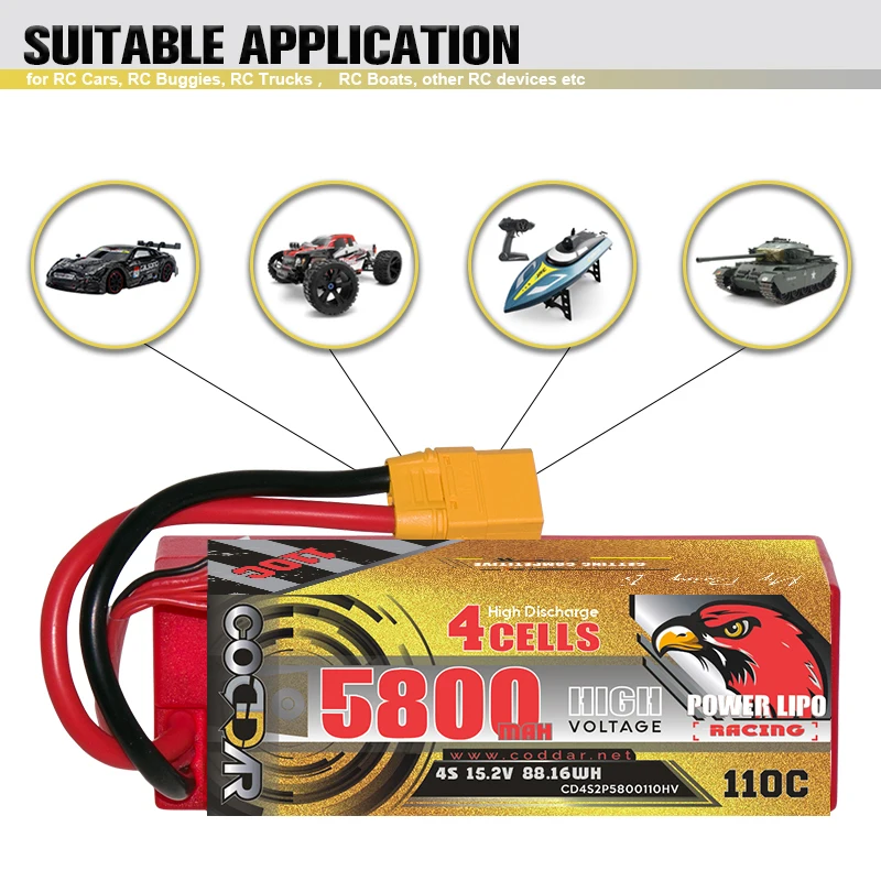 

CODDAR 4S HV Lipo Battery 15.2V 5800mAh 110C Hard Case with XT90 Connector For RC Buggy Truggy Vehicle 1/8 Car Truck Tank Racing