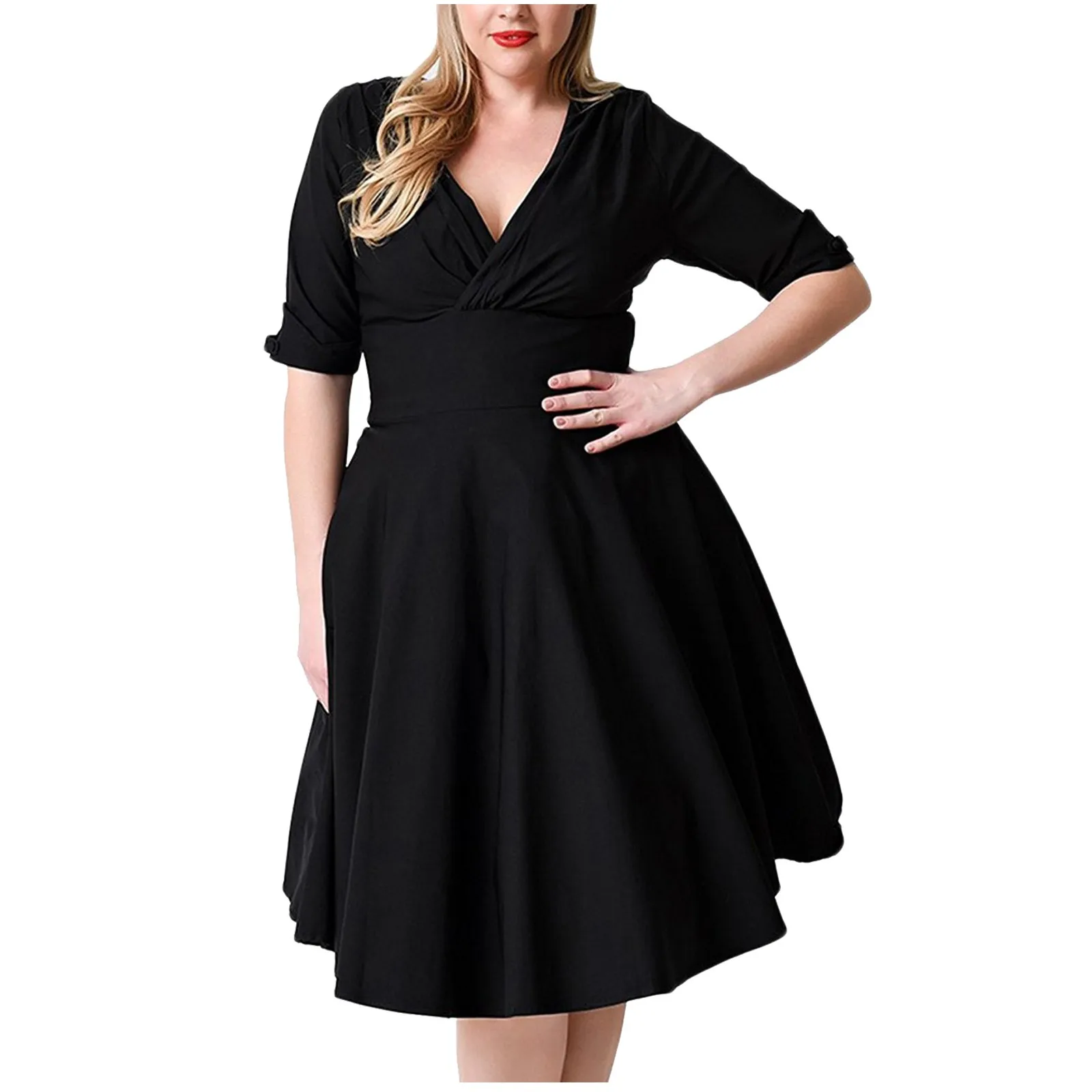 

Women's Summer Pure Color V Collar Temperament Slim Mid Length Dress With A Large Swing Casual Dress for Women Summer