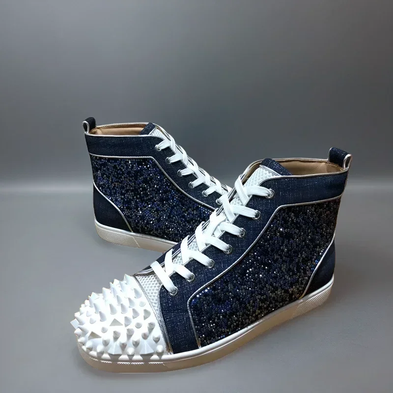 Роскошные мужские туфли с красной подошвой кроссовки для вождения синяя ткань