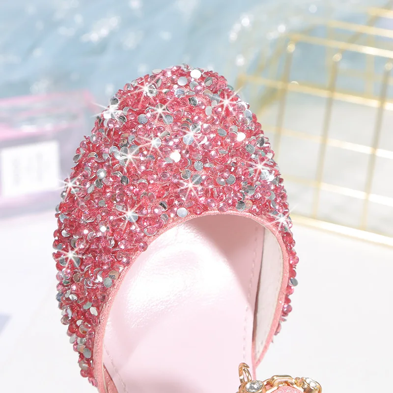 Сандалии для девочек блестящие туфли принцессы с бантом на высоком каблуке