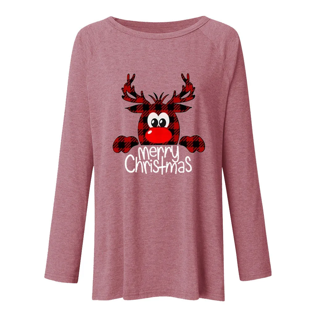 

Рождественская Женская модная футболка с длинным рукавом и круглым вырезом с принтом, хлопковая свободная футболка, Женский Топ
