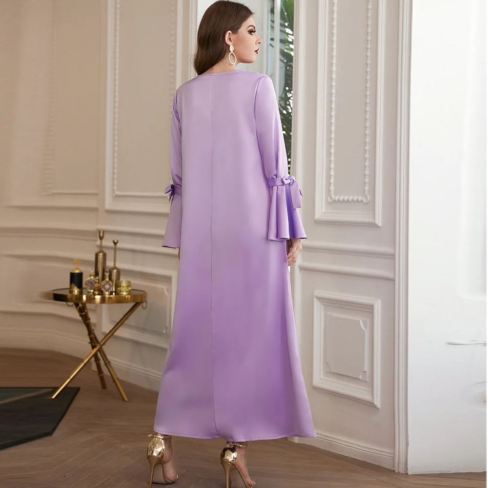 Women Spring Summer Muslim Noble Purple with Diamond Frill Sleeve Skirt Turkey India Abaya Arab Islamic Women Kraftan Gown