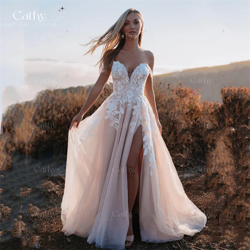 

Sexy Tulle Sweep Train Wedding Dress Boho Lace Embroidery Sweetheart Vestidos De Fiesta Sexy Sweetheart A-line Wedding Dress