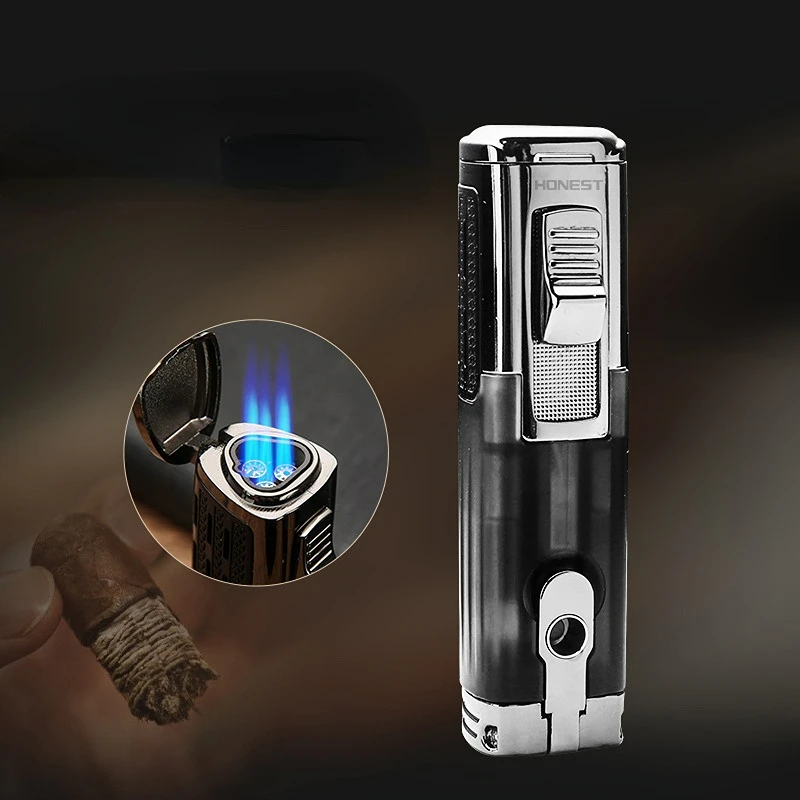 

Honest New Metal Inflatable Straight-through Cigar Lighter With Visible Gas Compartment Multifunctional Butane Lighters Man Gift