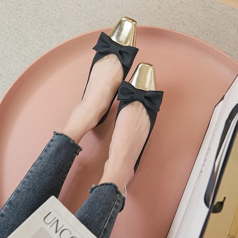 Size 34-42 Women Almond Shaped Toe Leather Flats Pumps Shoes Designer Style Party Wedding Gold Bowknot Office Lady Slip on L12
