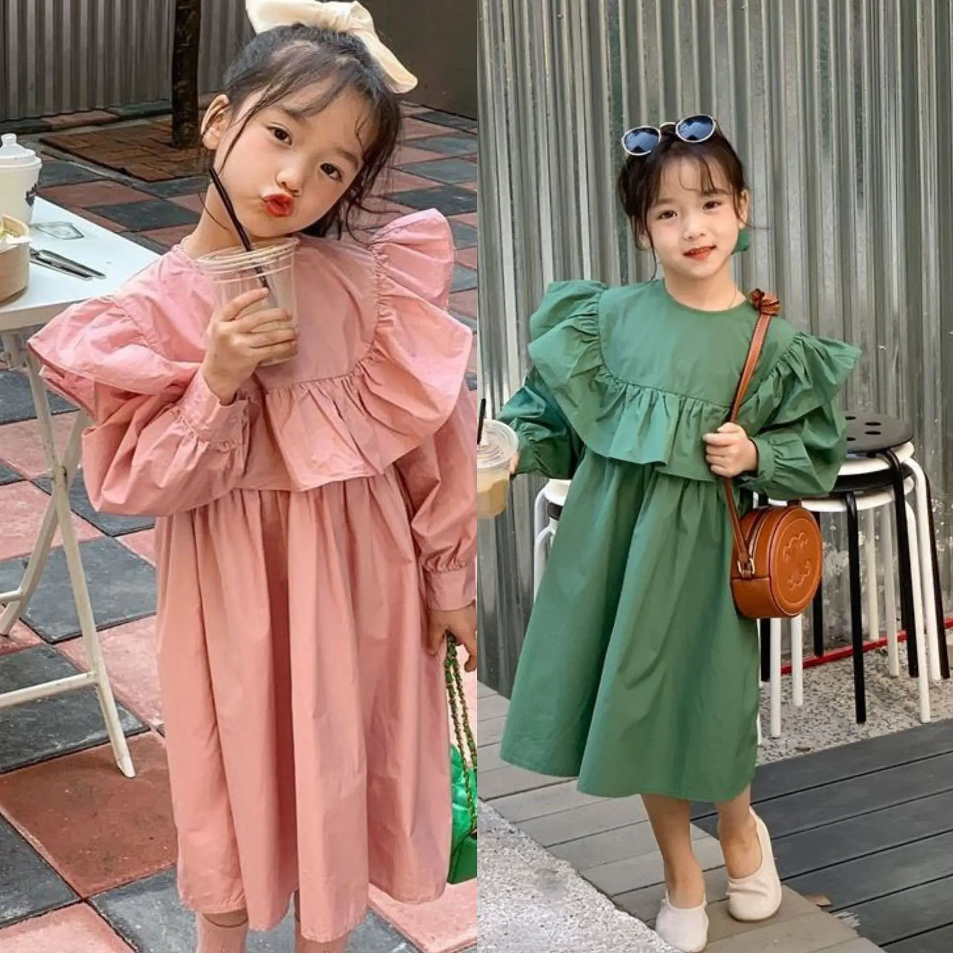 

Весеннее платье для девочек, корейское кружевное стильное платье принцессы с пышными рукавами, однотонное милое Повседневное платье с длинными рукавами для девочек