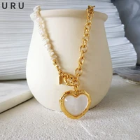 trendy jewelry natural freshwater pearl necklace new trend asymmetrical brass chain sweet heart pendant necklace for women gifts