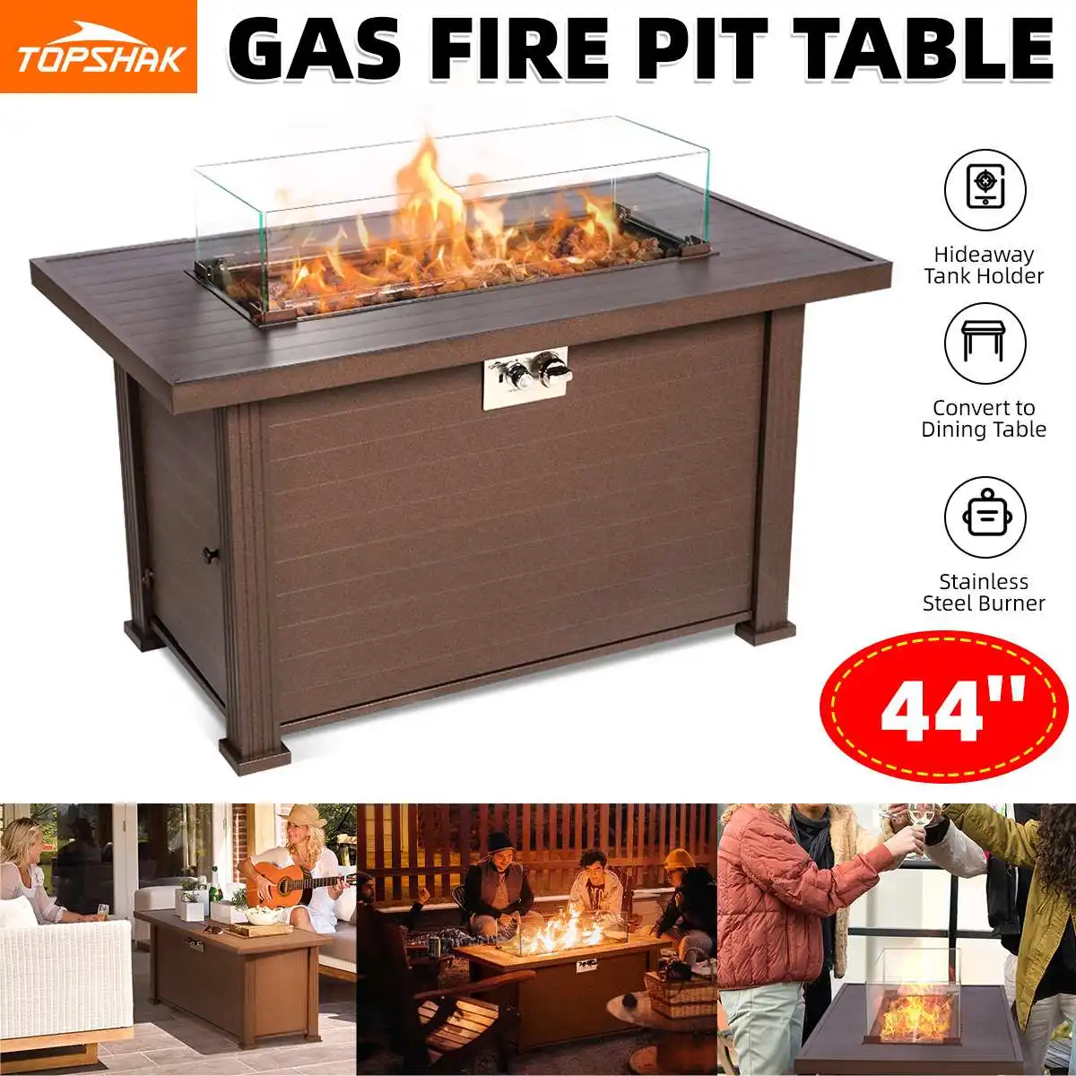 

Topshak-GF2 44 Inch Grand Patio Outdoor Gas Fire Pit Table 50000 BTU Rectangle Patio Propane Fire Pit Table Camping Stand Stove